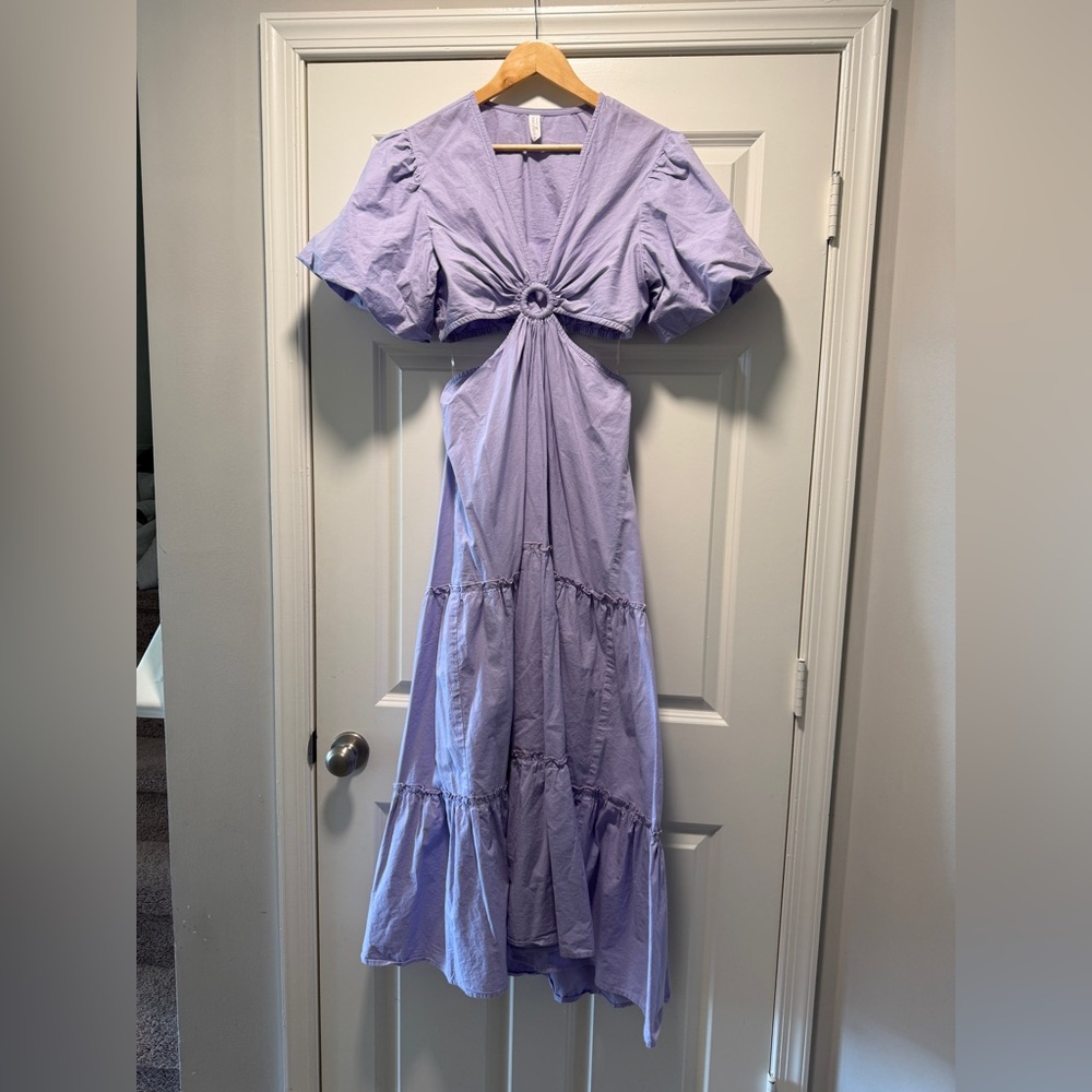 Lavender Tiered Maxi Dress with Front Ring & Puff Sleeve open back 100% cotton
